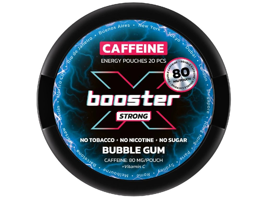 Kofeinové sáčky X-BOOSTER Bubble Gum bez nikotinu s chutí žvýkačky, 80 mg kofeinu na sáček