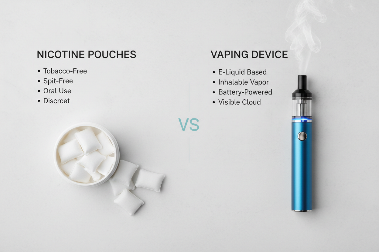 Vlevo otevřená krabička s nikotinovými sáčky s textem „Tobacco free, Spit free, Oral use, Discreet“, vpravo elektronická cigareta s textem „Eliquid based, Inhalable vapor, Battery powered, Visible cloud“