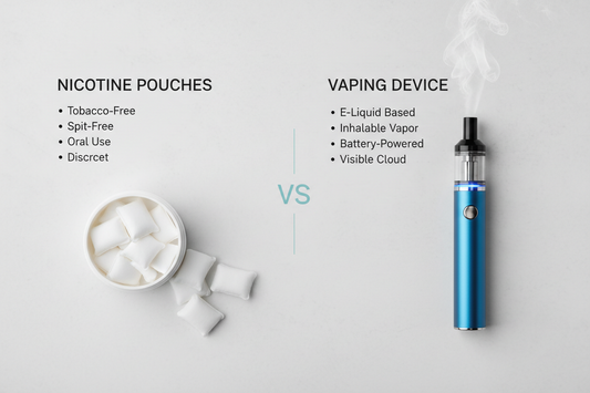 Vlevo otevřená krabička s nikotinovými sáčky s textem „Tobacco free, Spit free, Oral use, Discreet“, vpravo elektronická cigareta s textem „Eliquid based, Inhalable vapor, Battery powered, Visible cloud“