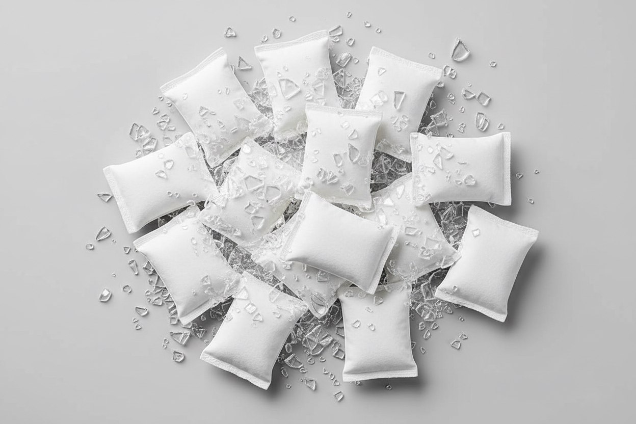 nikotinové sáčky s vizuálně znázorněnými střepy skla jako ilustrace rozšířeného mýtu o jejich složení