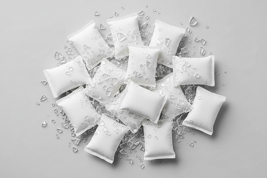 nikotinové sáčky s vizuálně znázorněnými střepy skla jako ilustrace rozšířeného mýtu o jejich složení