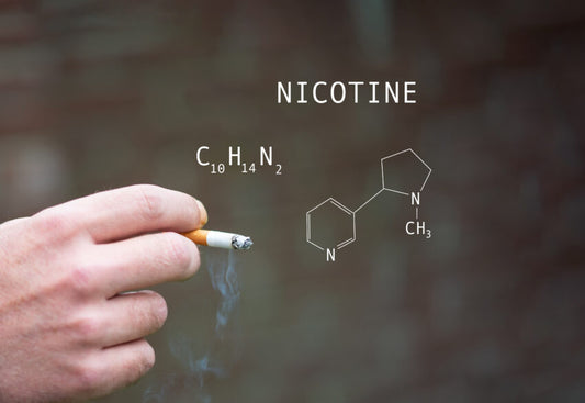 Ruka držící zapálenou cigaretu, nahoře nápis „Nicotine“, pod ním chemický vzorec C10H14N2 a obrázek chemického prvku
