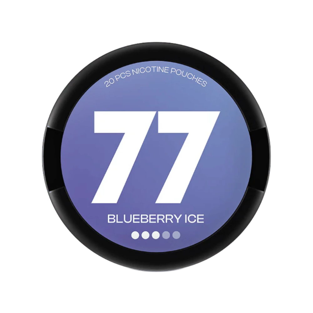 Nikotinové sáčky 77 Blueberry Ice s chutí borůvek a mentolovým efektem. Každý sáček obsahuje 10,4 mg nikotinu a balení obsahuje 20 sáčků.