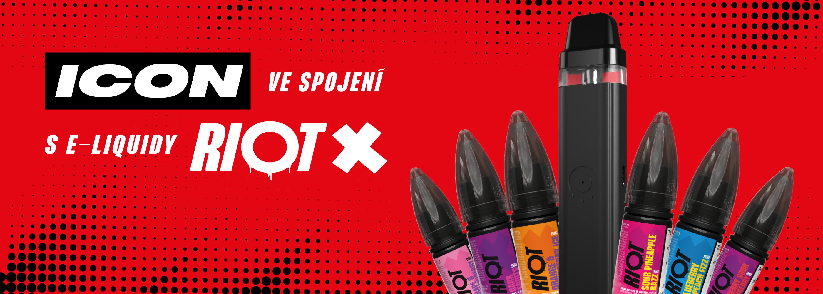 Banner britská značka RIOT, výrobce eliquidy na vapováné RIOT X a zařézení RIOT Icon, desctop version