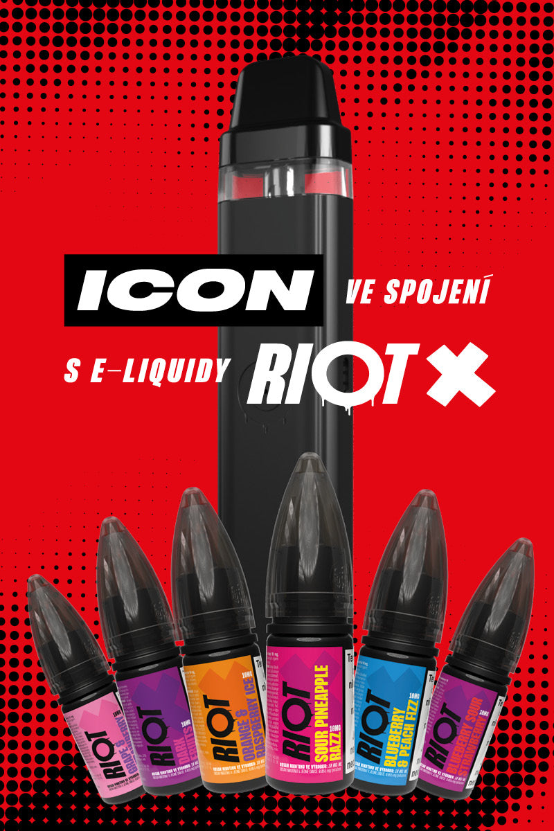 Banner britská značka RIOT, výrobce eliquidy na vapováné RIOT X a zařézení RIOT Icon, phone version
