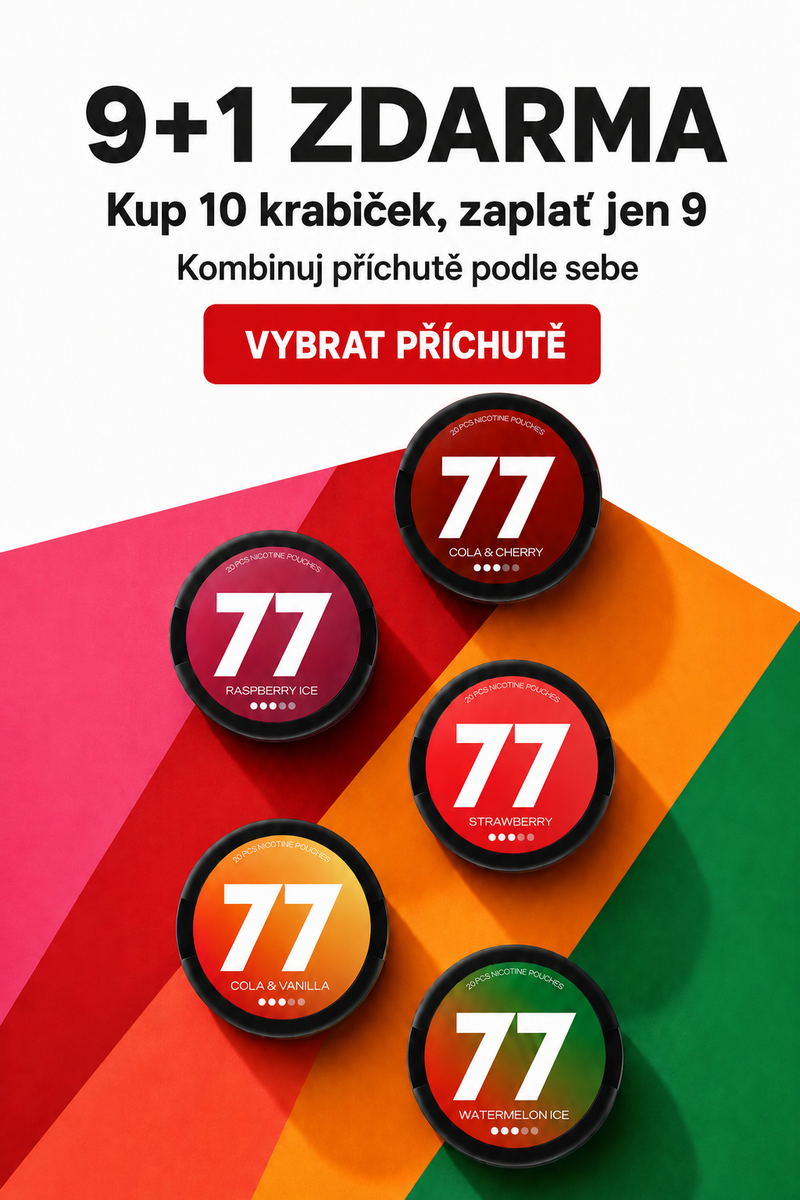 banner značky 77, akce 9+1, kup 10 krabiček a zaplať jen 9, nikotinové sáčky