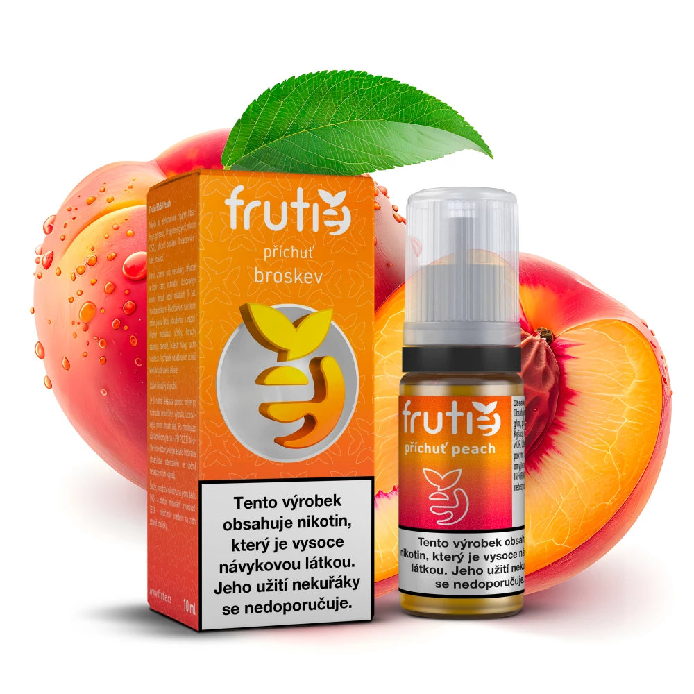 Frutie 50/50 Peach – hotový broskvový e-liquid 10 ml pro kompatibilní POD a MTL elektronické cigarety, síla 18 mg/ml