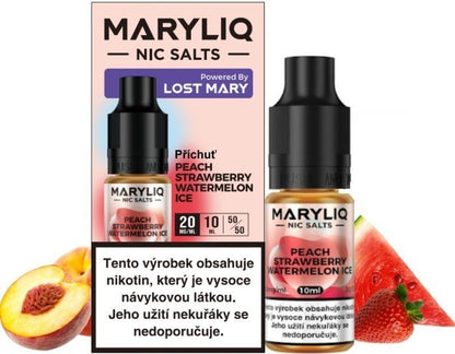 Krabička a lahvička e-liquidu Maryliq Peach Strawberry Watermelon 20mg by Elf Bar
