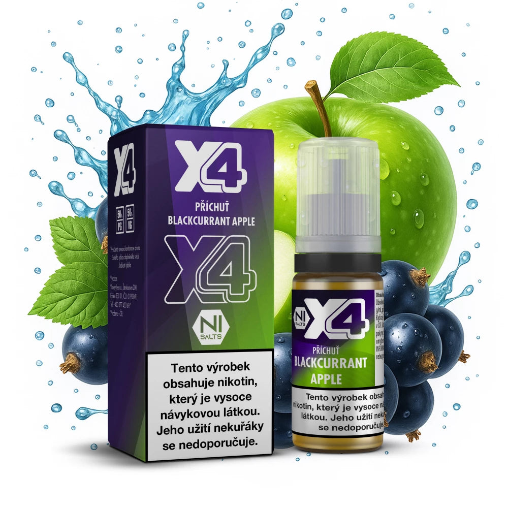 E-liquid X4 Bar Juice Blackcurrant Apple 10 ml s příchutí černého rybízu a zeleného jablka, nikotinová sůl 10 mg/ml