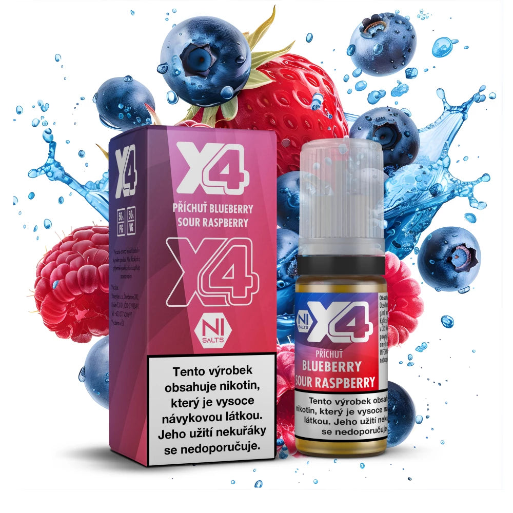 E-liquid X4 Bar Juice Blueberry Sour Raspberry 10 ml s příchutí borůvek a kyselých malin, nikotinová sůl 10 mg/ml