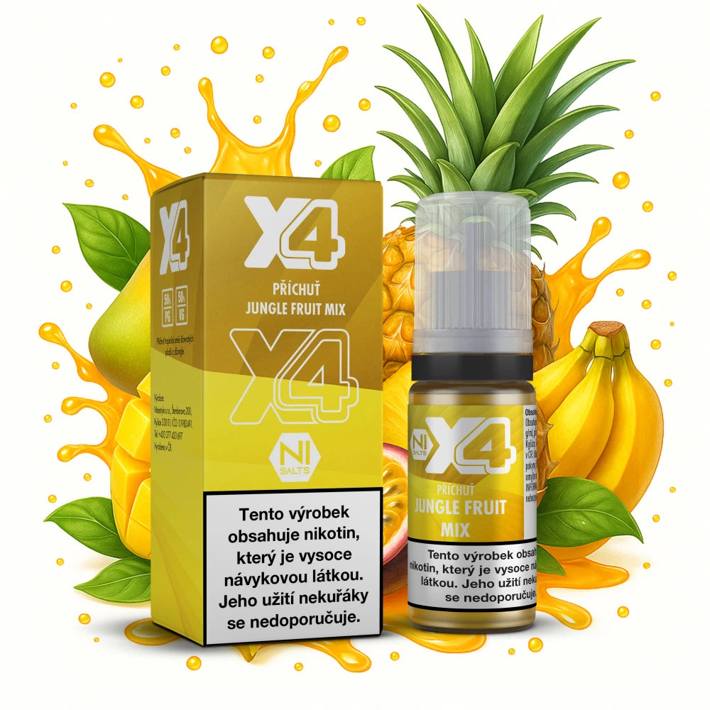 E-liquid X4 Bar Juice Jungle Fruit Mix 10 ml s příchutí ananasu, papáji a pomeranče, nikotinová sůl 10 mg/ml