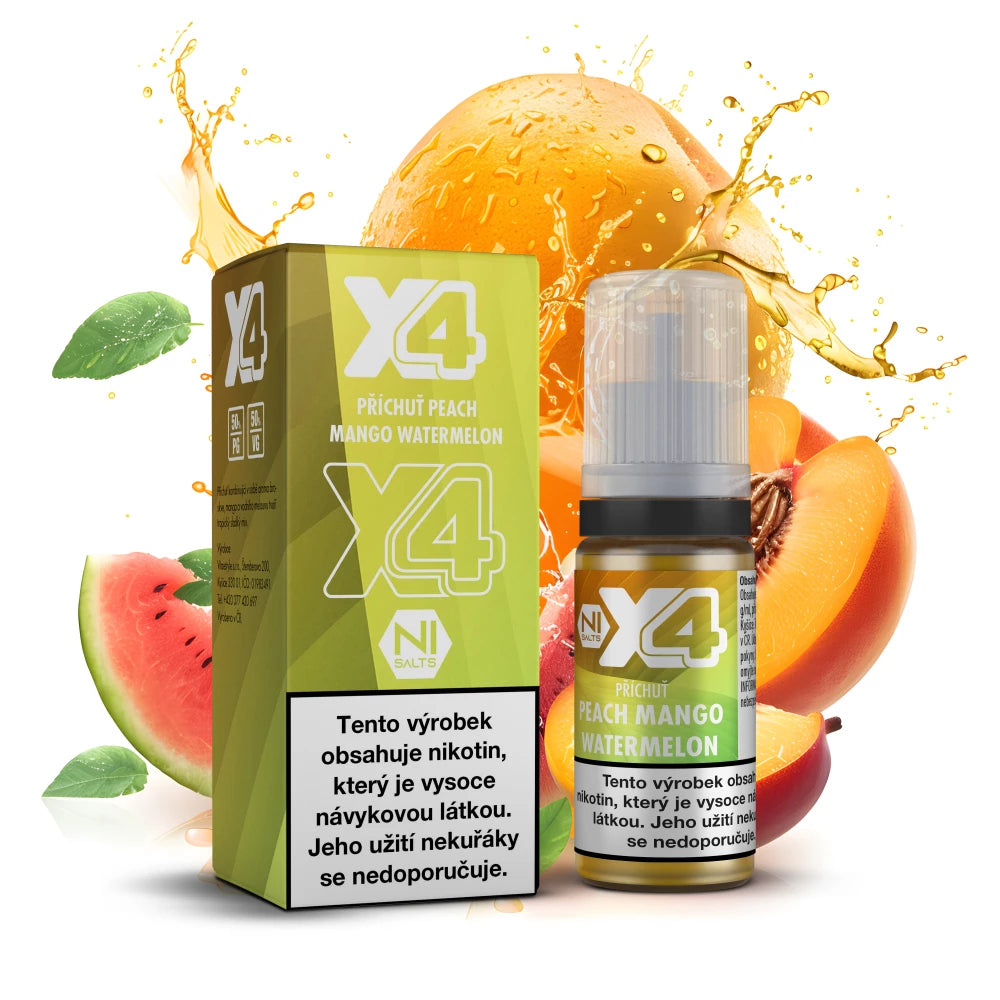 X4 Bar Juice Peach Mango Watermelon – ovocný e-liquid s broskví, mangem a vodním melounem, 10 ml, nikotinová sůl 20 mg/ml