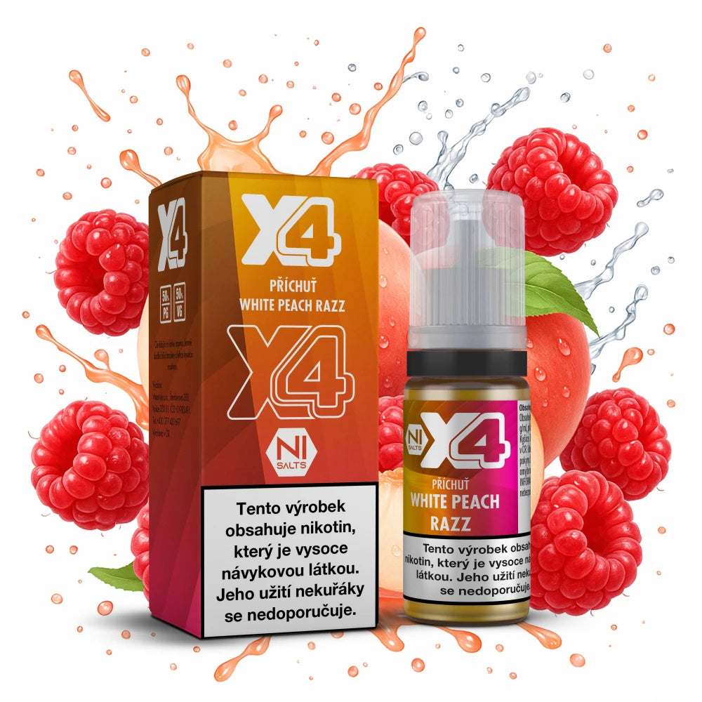 E-liquid X4 Bar Juice White Peach Razz 10 ml s příchutí bílé broskve a malin, nikotinová sůl 10 mg/ml