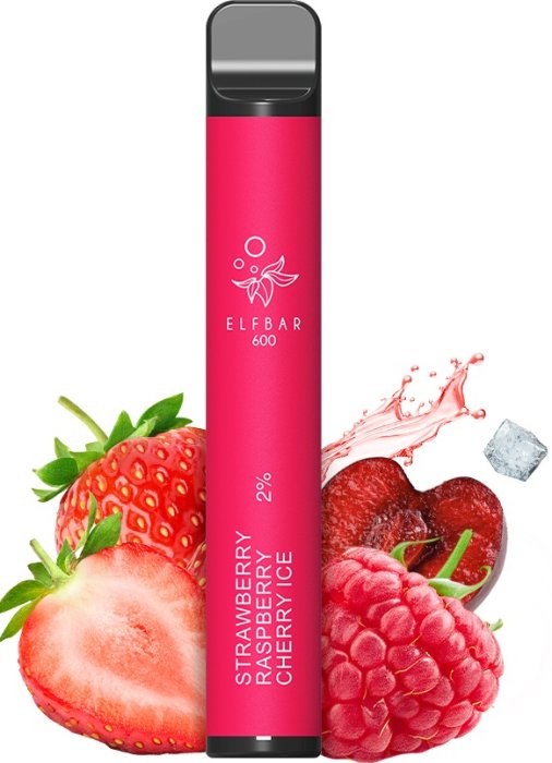 Elf Bar 600 Strawberry Raspberry Cherry Ice jednorázová e-cigareta 20 mg s příchutí jahoda malina třešeň a ledový efekt disposable vape 600 potahů