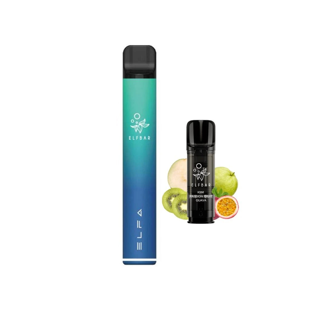 Elf Bar ELFA Starter Kit Kiwi Passion Fruit Guava – sada elektronické cigarety pro vaping s 500mAh baterií a tropickým 2ml podem, ELFA pod systém