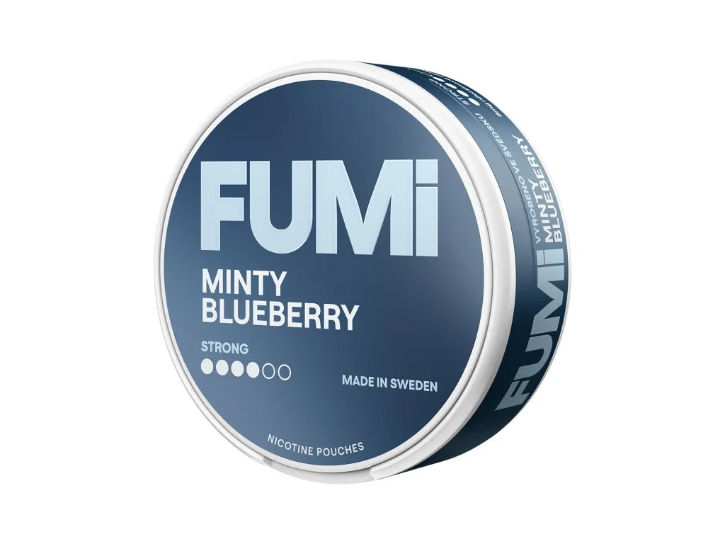Detail balení FUMI Minty Blueberry 8 mg, mírně vlhčené slim sáčky, sladké borůvky a svěží máta