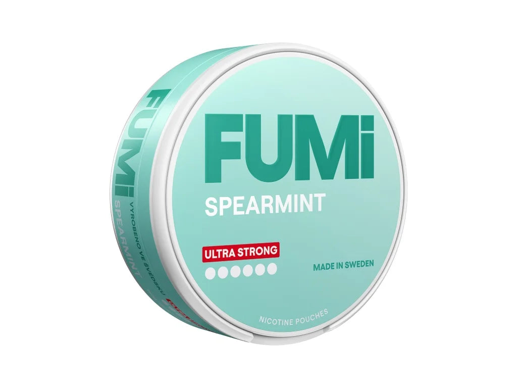 Detail balení FUMI Spearmint 11 mg, mírně vlhčené slim sáčky, máta klasnatá s jemně sladkým a svěžím tónem