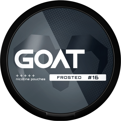 Nikotinové sáčky GOAT Frosted 16,4 mg/g (11,49 mg/sáček) s jemným chladivým efektem a lehkými slanými tóny, poskytující čistý a vyvážený nikotinový zážitek s intenzivním účinkem, vyrobené v České republice, diskrétní slim formát pro pohodlné použití.