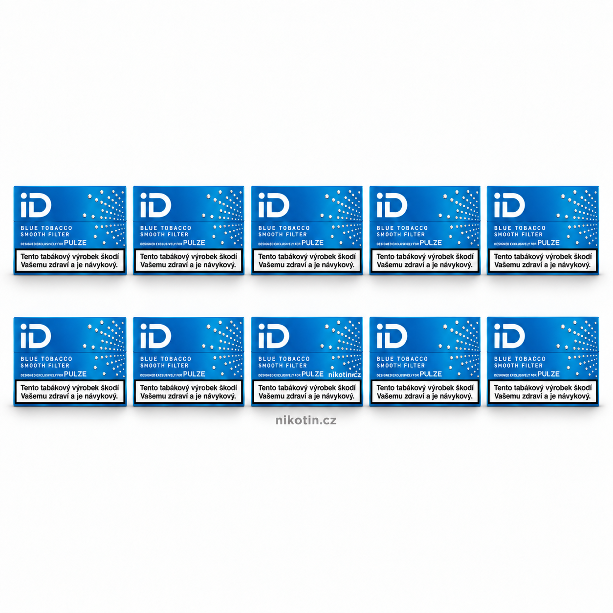 Karton iD Blue Tobacco – 10 krabiček, celkem 200 zahřívaných tabákových náplní se střední intenzitou a technologií Smooth Filter pro Pulze