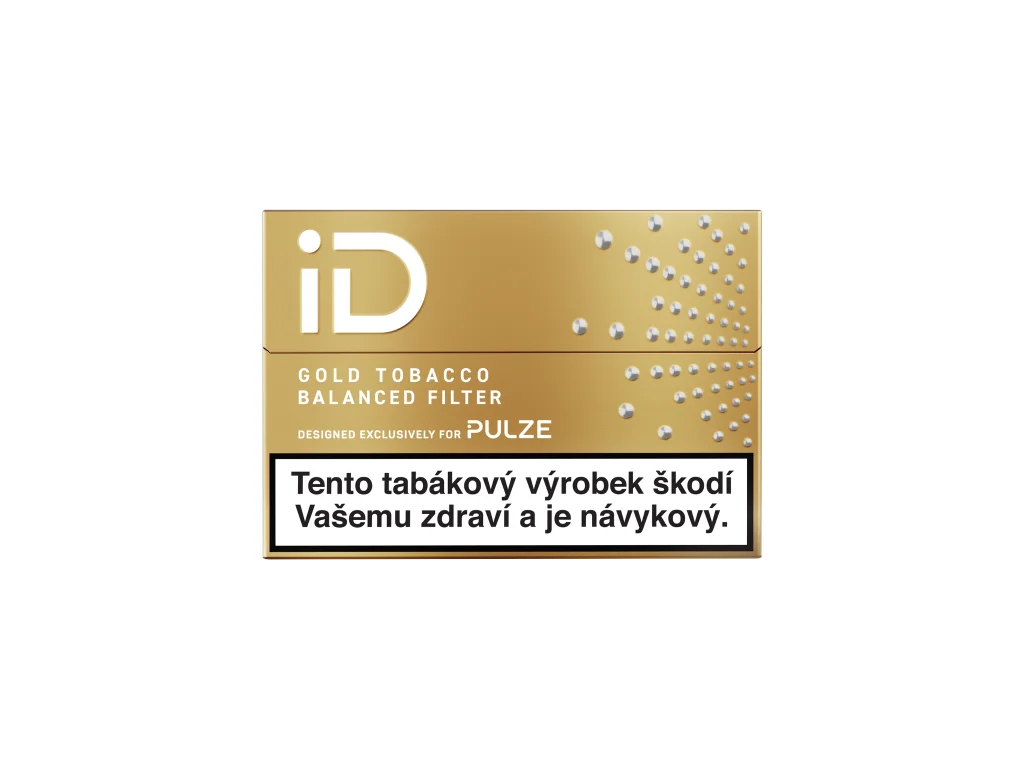Tabákové náplně iD Gold Tobacco s harmonickým tabákovým profilem, technologií Balanced Filter a kompatibilitou se zařízeními Pulze