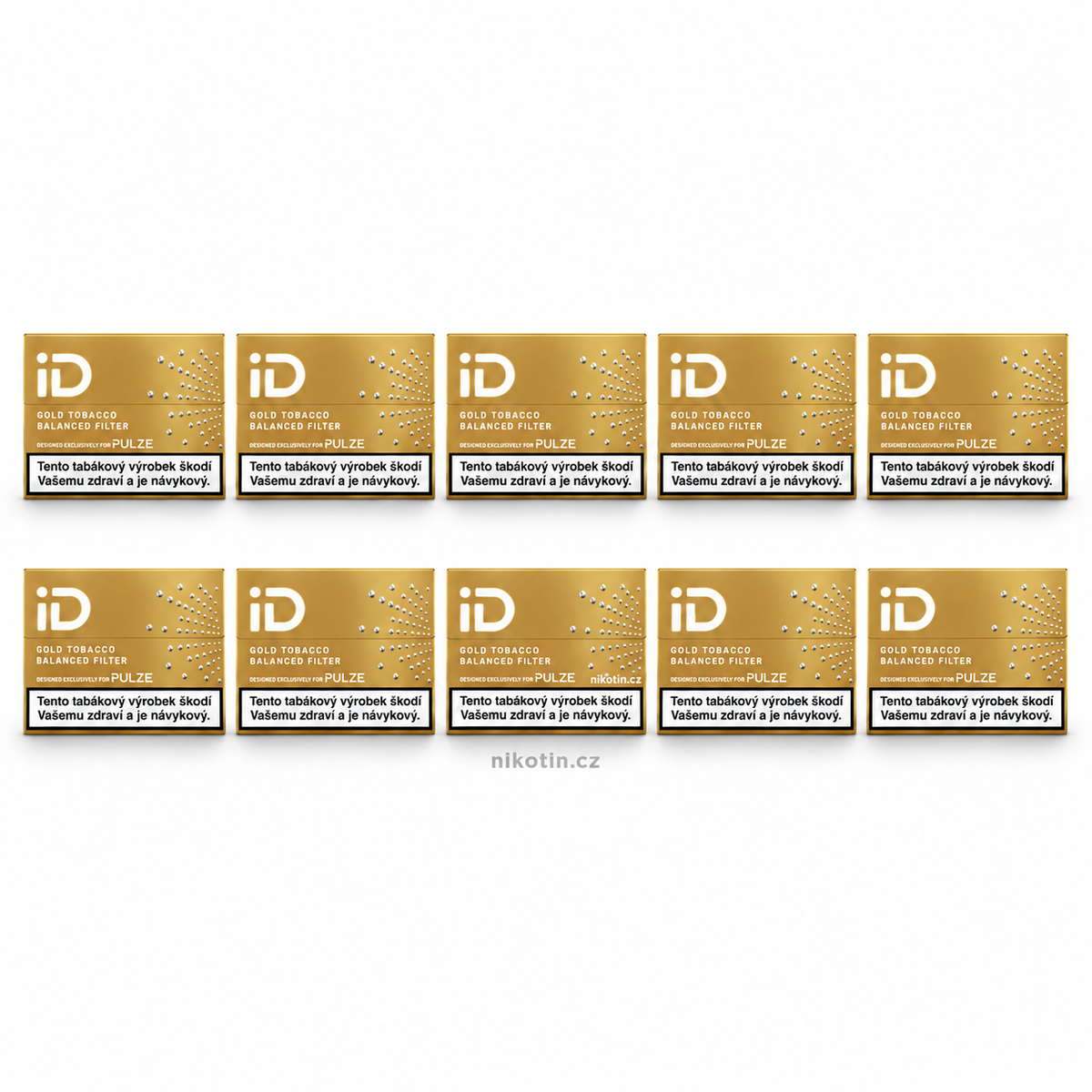 Karton iD Gold Tobacco – 10 krabiček, celkem 200 zahřívaných tabákových náplní s vyváženou chutí a technologií Balanced Filter pro Pulze
