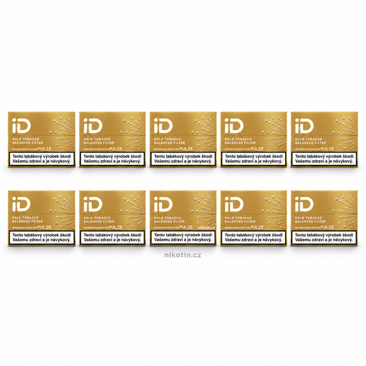 Karton iD Gold Tobacco – 10 krabiček, celkem 200 zahřívaných tabákových náplní s vyváženou chutí a technologií Balanced Filter pro Pulze