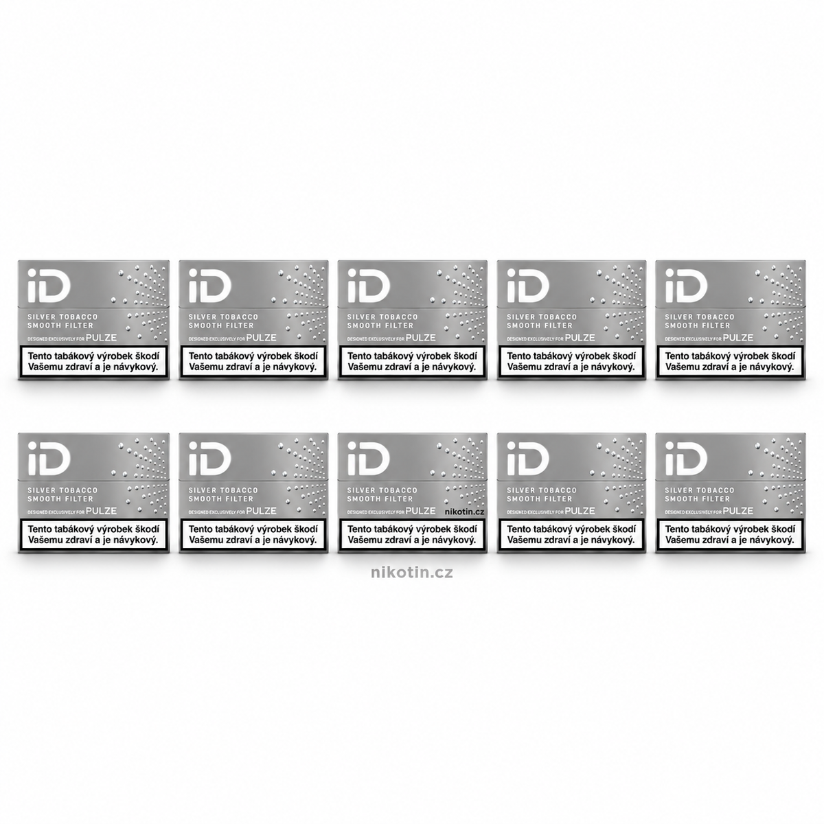 Karton iD Silver Tobacco – 10 krabiček, celkem 200 zahřívaných tabákových náplní s jemnou chutí a technologií Smooth Filter pro Pulze