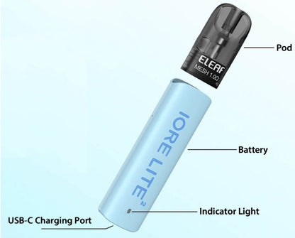 Konstrukce iSmoka-Eleaf IORE LITE 2 Blue s cartridgí, baterií 490 mAh, LED indikátorem a USB-C konektorem