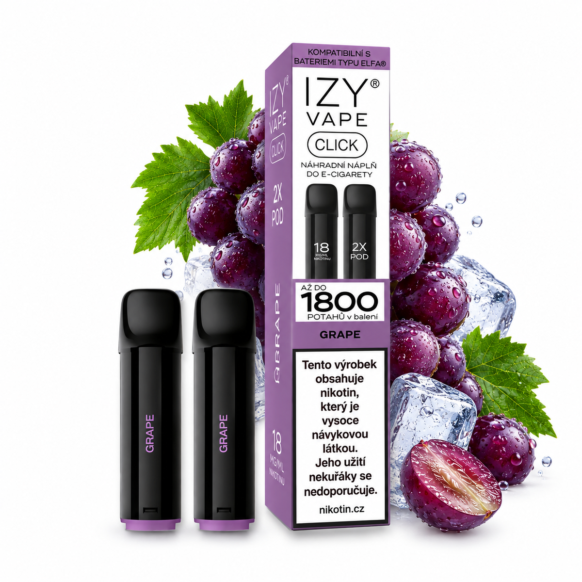 IZY VAPE CLICK Grape POD 18 mg 2×2 ml se sladkou hroznovou příchutí a dvěma předplněnými cartridgemi