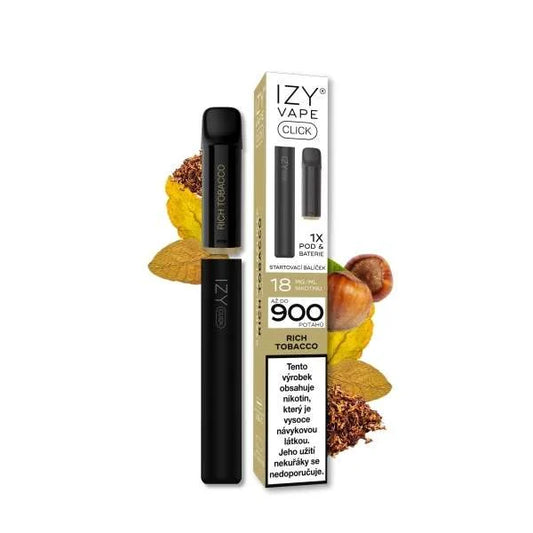 IZY VAPE CLICK Starter Kit Rich Tobacco 18 mg s černou baterií a předplněným tabákovým PODem 2 ml