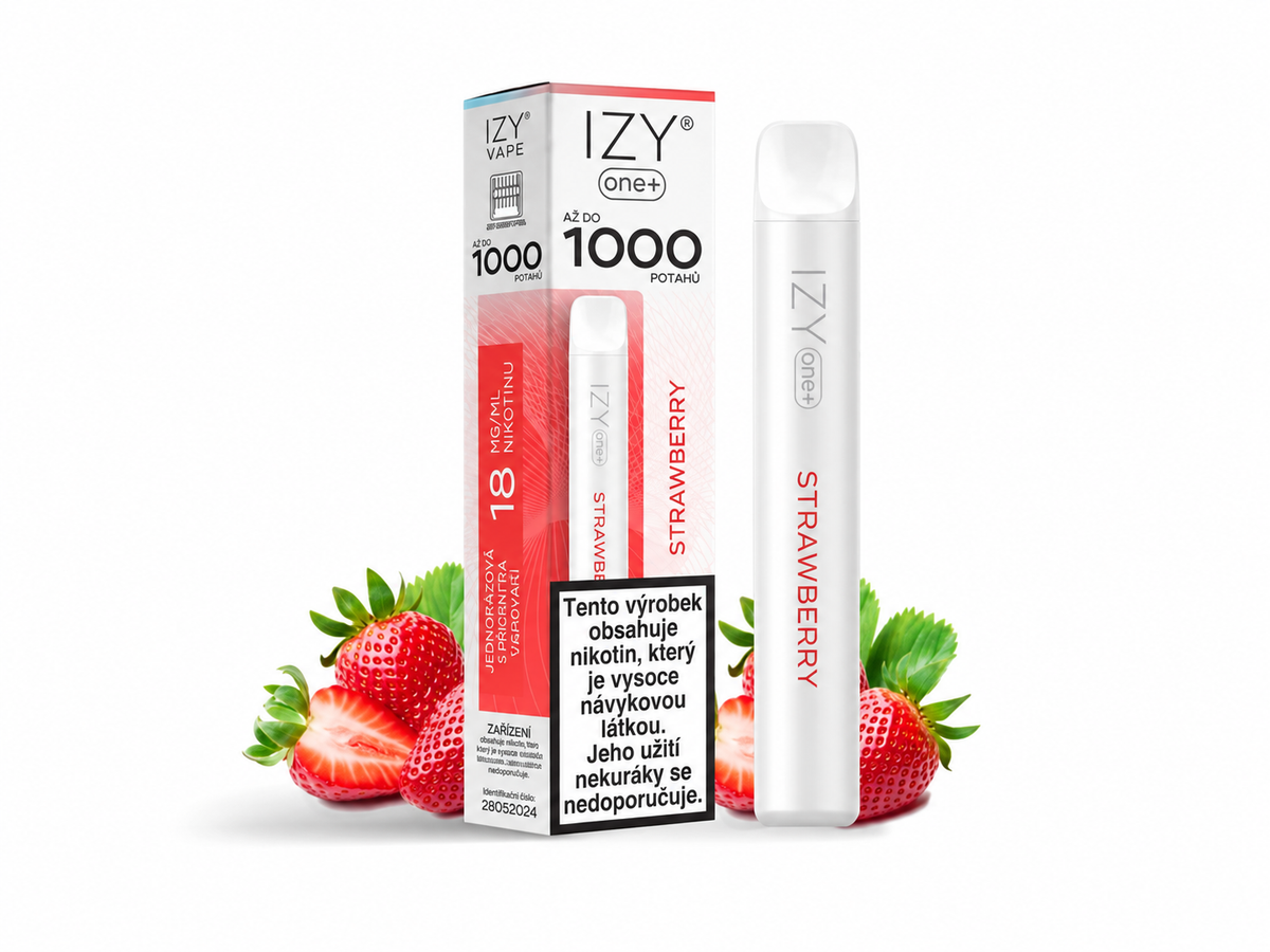 Jahodová jednorázová e-cigareta IZY VAPE ONE+ Strawberry 18 mg bez mentolu s výdrží až 1000 potahů