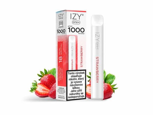 Jahodová jednorázová e-cigareta IZY VAPE ONE+ Strawberry 18 mg bez mentolu s výdrží až 1000 potahů