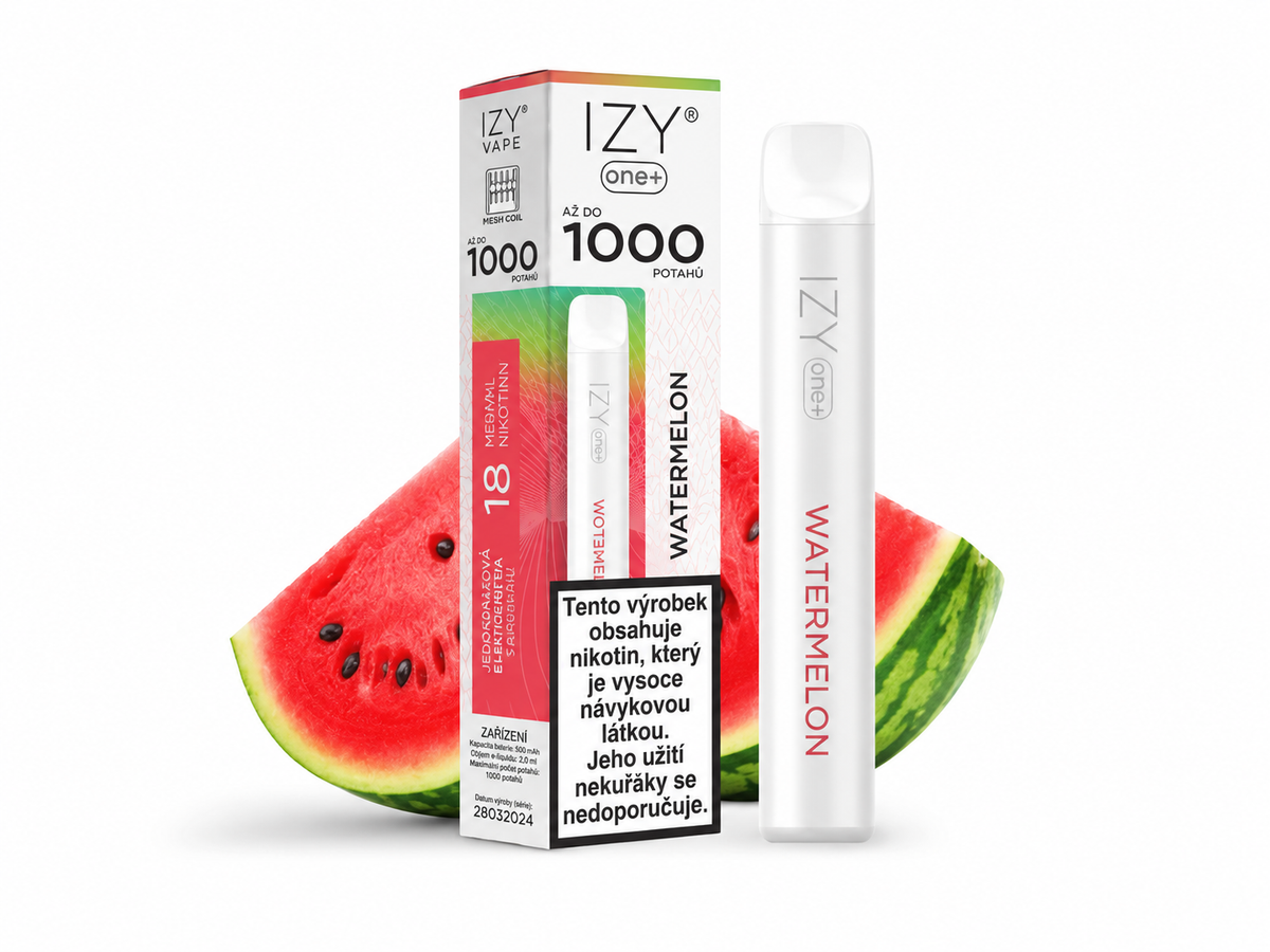 IZY VAPE ONE+ Watermelon 18 mg jednorázová e-cigareta s čistou příchutí vodního melounu bez ICE efektu a až 1000 potahy