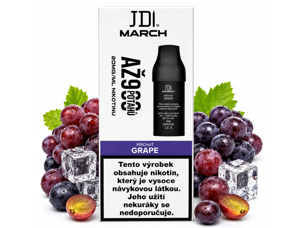 Předplněná cartridge JDI Grape s nikotinovou solí 20 mg/ml a výdrží až 900 potahů pro zařízení JDI March
