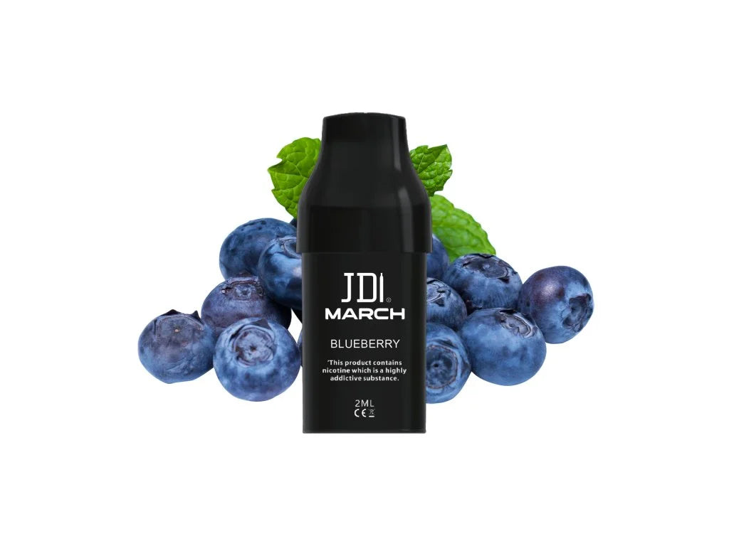 JDI March POD Blueberry 20 mg – předplněný náhradní POD s 2ml náplní, QUAQ Mesh technologií a sladkou chutí borůvek