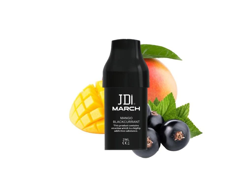 JDI March POD Mango Blackcurrant 20 mg – předplněná náplň s QUAQ Mesh technologií a chutí manga a černého rybízu