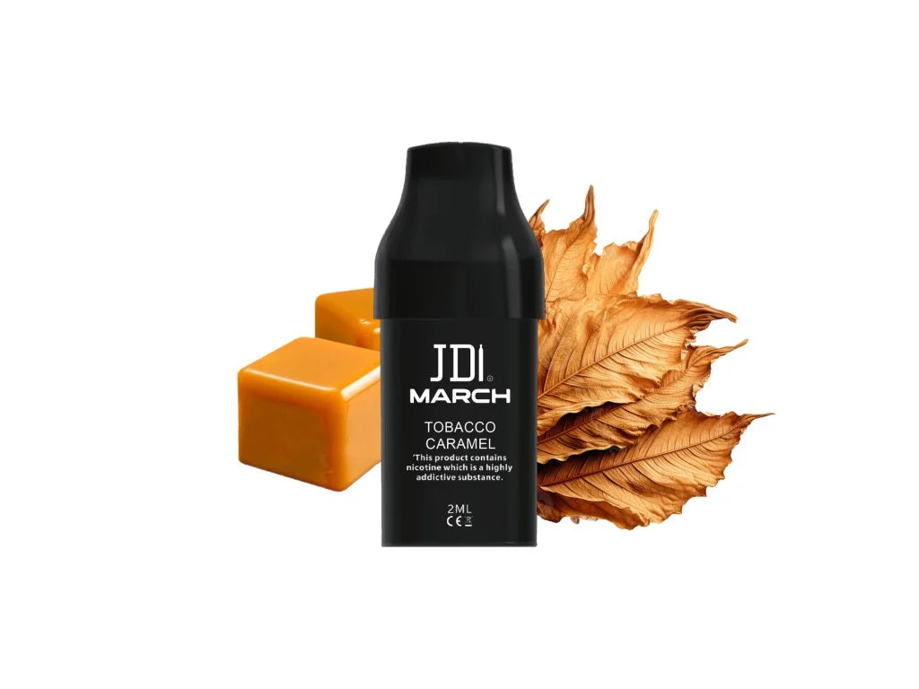 JDI March POD Tobacco Caramel 20 mg – předplněná náplň s QUAQ Mesh technologií a chutí tabáku se sladkým karamelem