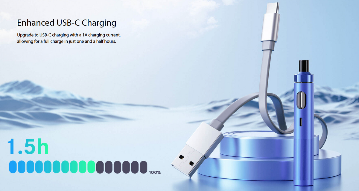 USB-C nabíjení e-cigarety Joyetech eGo AIO 2 proudem 1 A za přibližně 1,5 hodiny