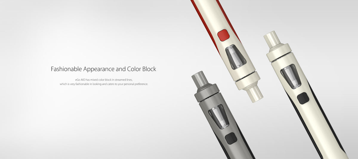 Moderní design elektronické cigarety Joyetech eGo AIO a ukázka několika barevných kombinací
