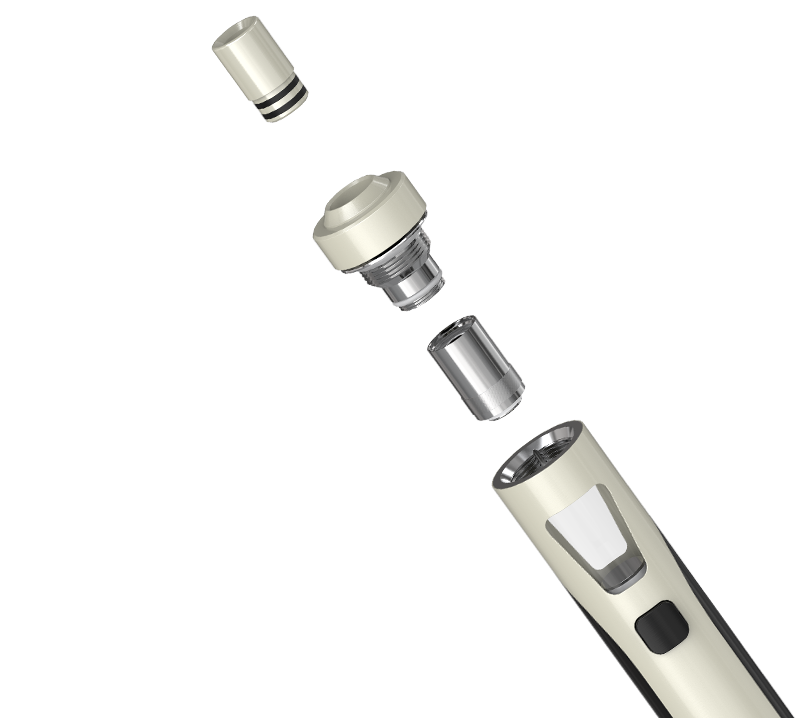 Rozložený tank Joyetech eGo AIO s náustkem, horním uzávěrem a vyměnitelnou žhavicí hlavou BF