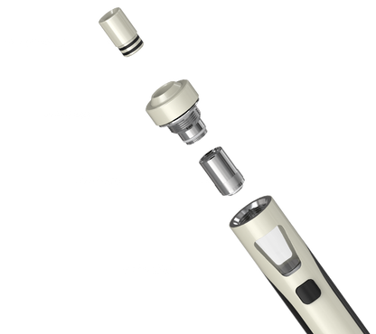 Rozložený tank Joyetech eGo AIO s náustkem, horním uzávěrem a vyměnitelnou žhavicí hlavou BF