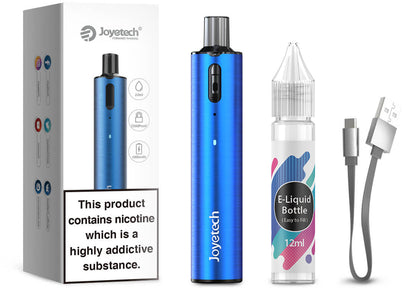 Obsah balení Joyetech eGo Pod – modrá POD e-cigareta, cartridge 2 ml, plnicí lahvička a micro USB kabel