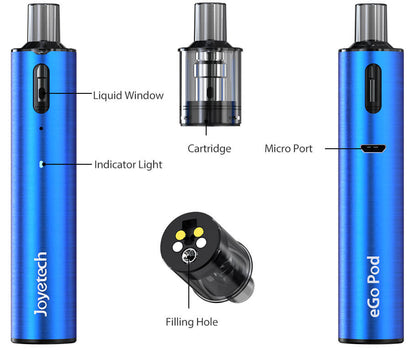 Konstrukce Joyetech eGo Pod s okénkem e-liquidu, LED indikátorem, plnicím otvorem cartridge a micro USB konektorem