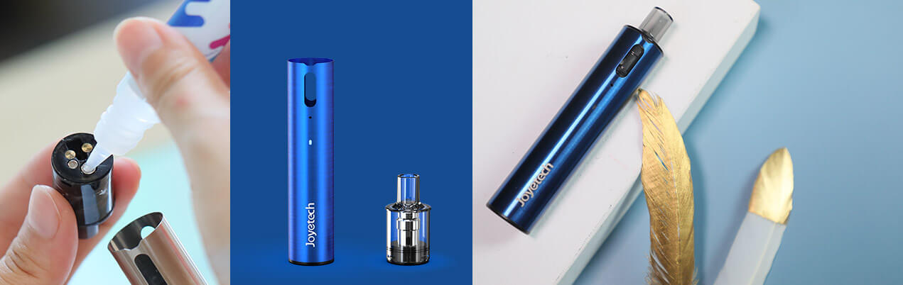 Plnění cartridge Joyetech eGo Pod vlastním e-liquidem a modrá elektronická cigareta s vyměnitelným podem
