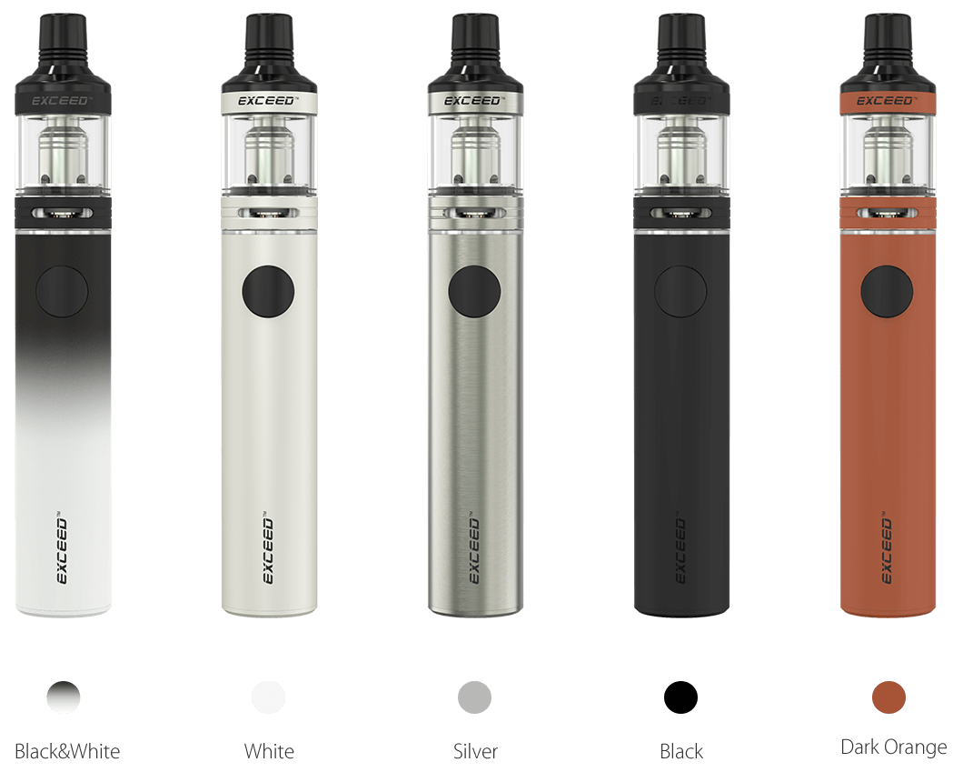 Porovnání barev Joyetech Exceed D19 – Black and White, White, Silver, Black a Dark Orange