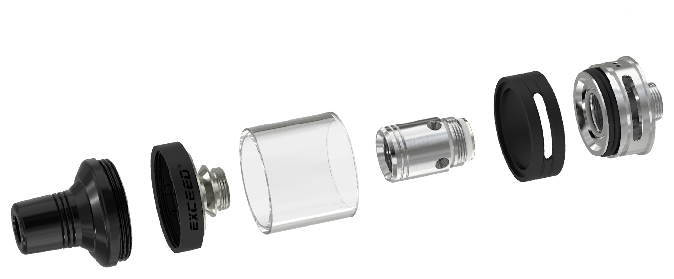 Technické schéma clearomizéru Joyetech Exceed D19 s náustkem, sklem, žhavicí hlavou, airflow kroužkem a základnou