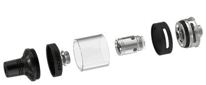 Technické schéma clearomizéru Joyetech Exceed D19 s náustkem, sklem, žhavicí hlavou, airflow kroužkem a základnou