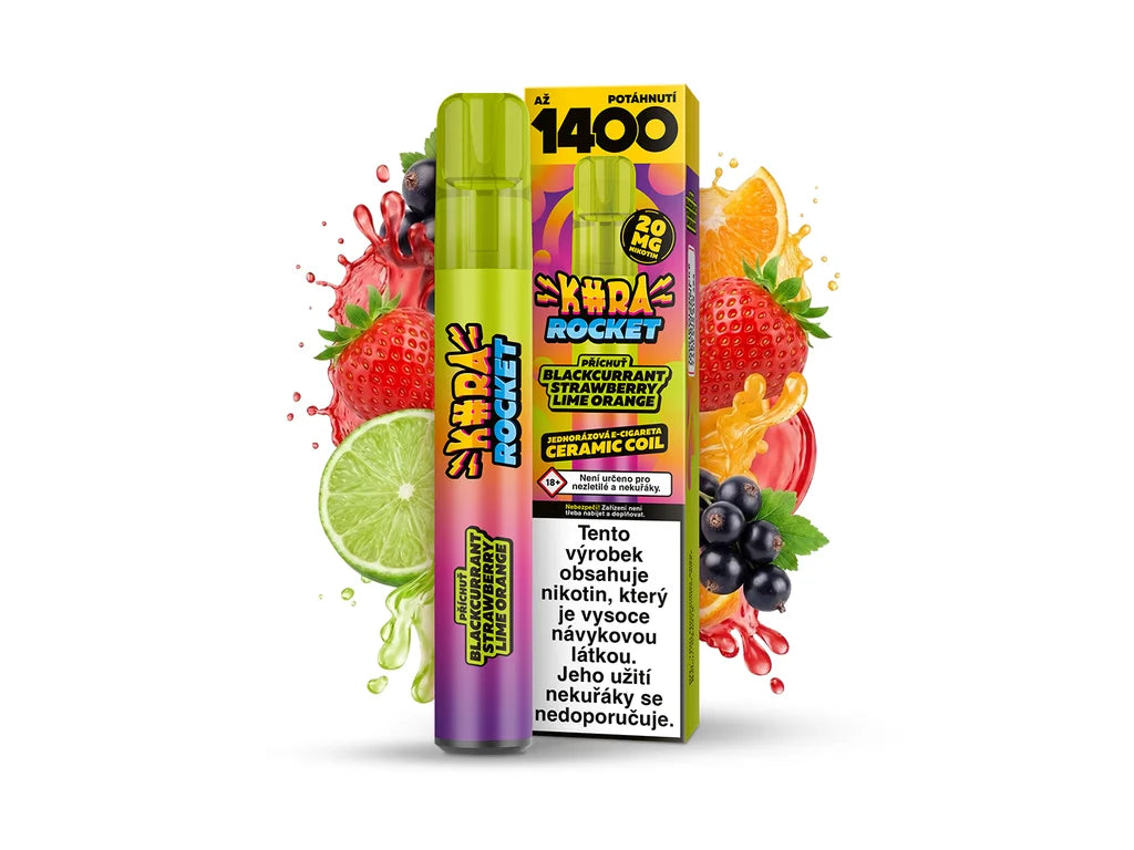 Kura rocket, jednorázová ecigareta, až 1400 potahů, ceramic coil, 20 mg nikotinu, příchuť blackcurrant strawberry lime orange, rybíz jahoda limetka pomeranč