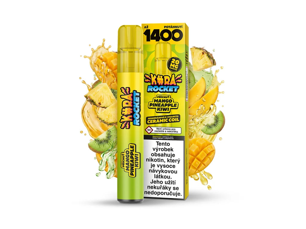 Kura rocket, jednorázová ecigareta, až 1400 potahů, ceramic coil, 20 mg nikotinu, příchuť mango kiwi pineapple, mango ananás kiwi