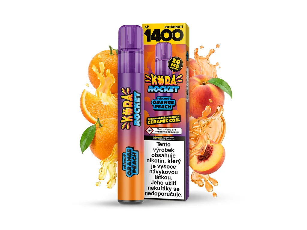 Kura rocket, jednorázová ecigareta, až 1400 potahů, ceramic coil, 20 mg nikotinu, příchuť orange peach, pomeranč broskev